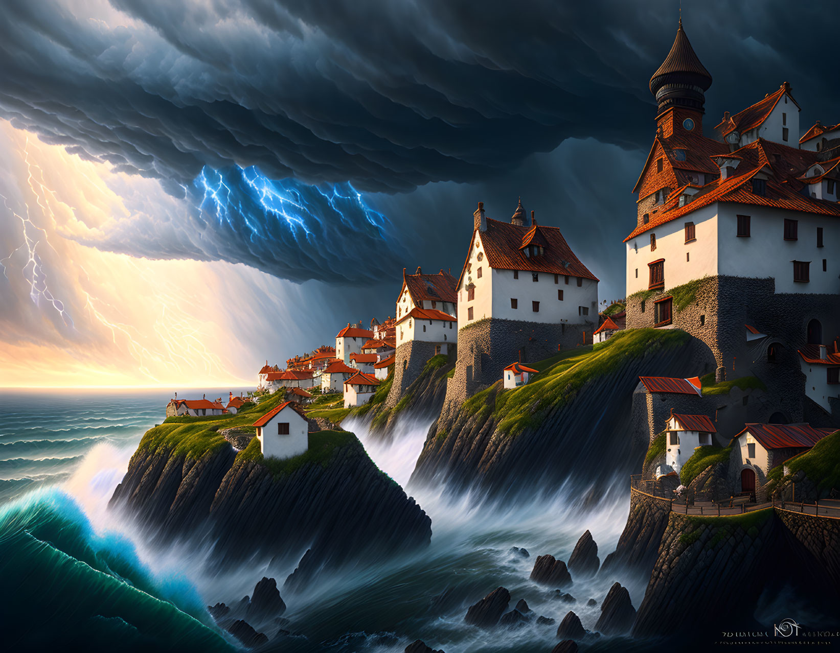 Coastal village with traditional houses, castle, stormy skies, lightning, heavy seas, and