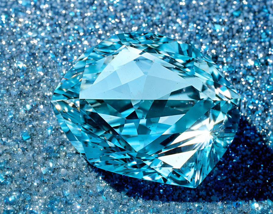 Faceted Aquamarine Gemstone on Glittering Blue Background