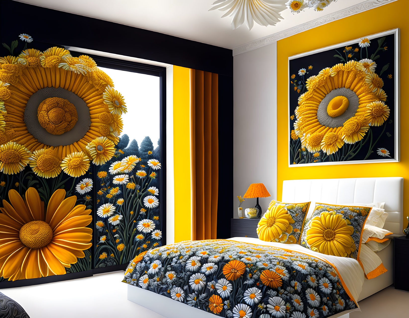 Sunflower-themed Bedroom Decor with Large Floral Wall Art