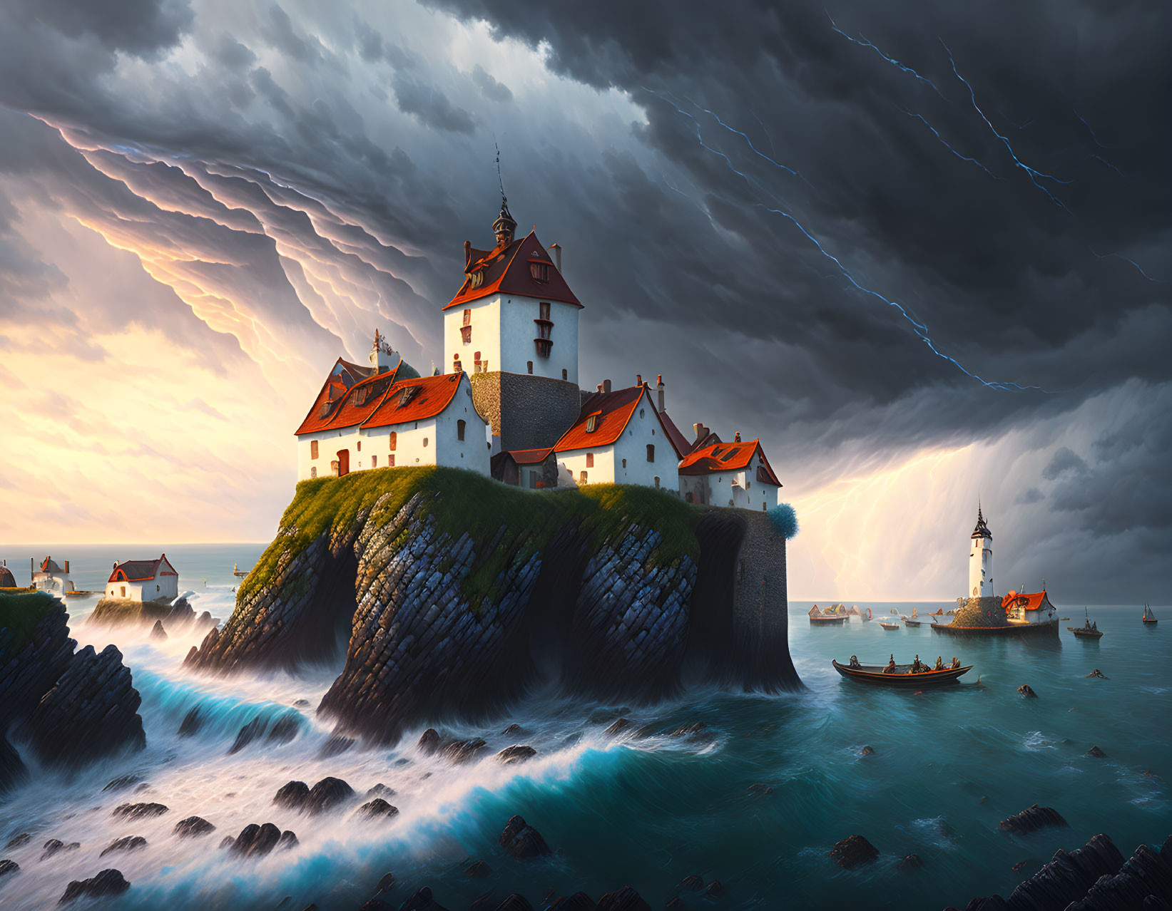 Castle on Cliff with Lighthouse in Stormy Seas