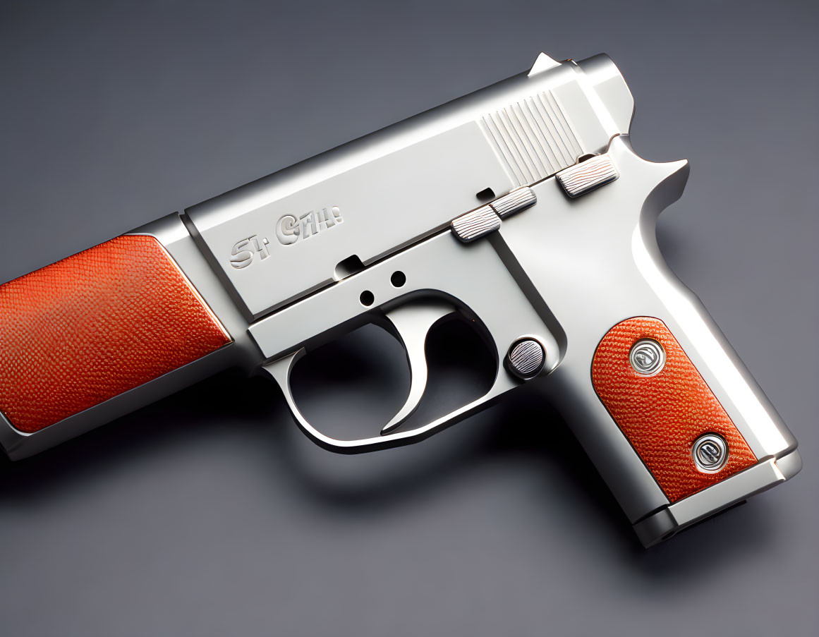 Silver Handgun with Red Textured Grip and Engravings on Grey Background