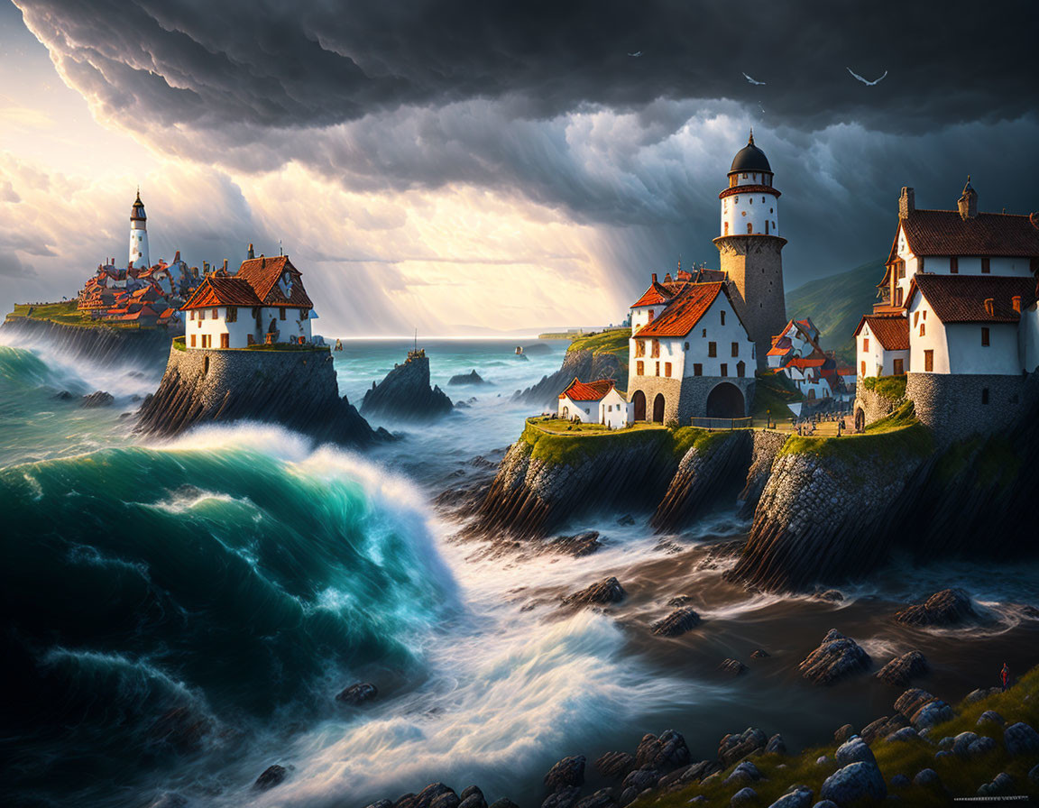 Coastal village with lighthouse and stormy sky over turbulent waves