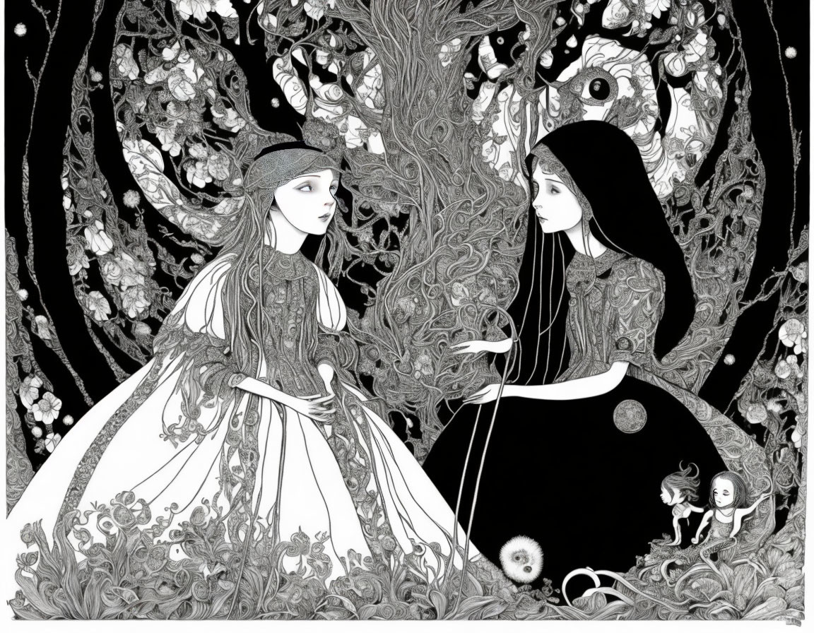 Stylized women in light and dark clothing in whimsical forest setting