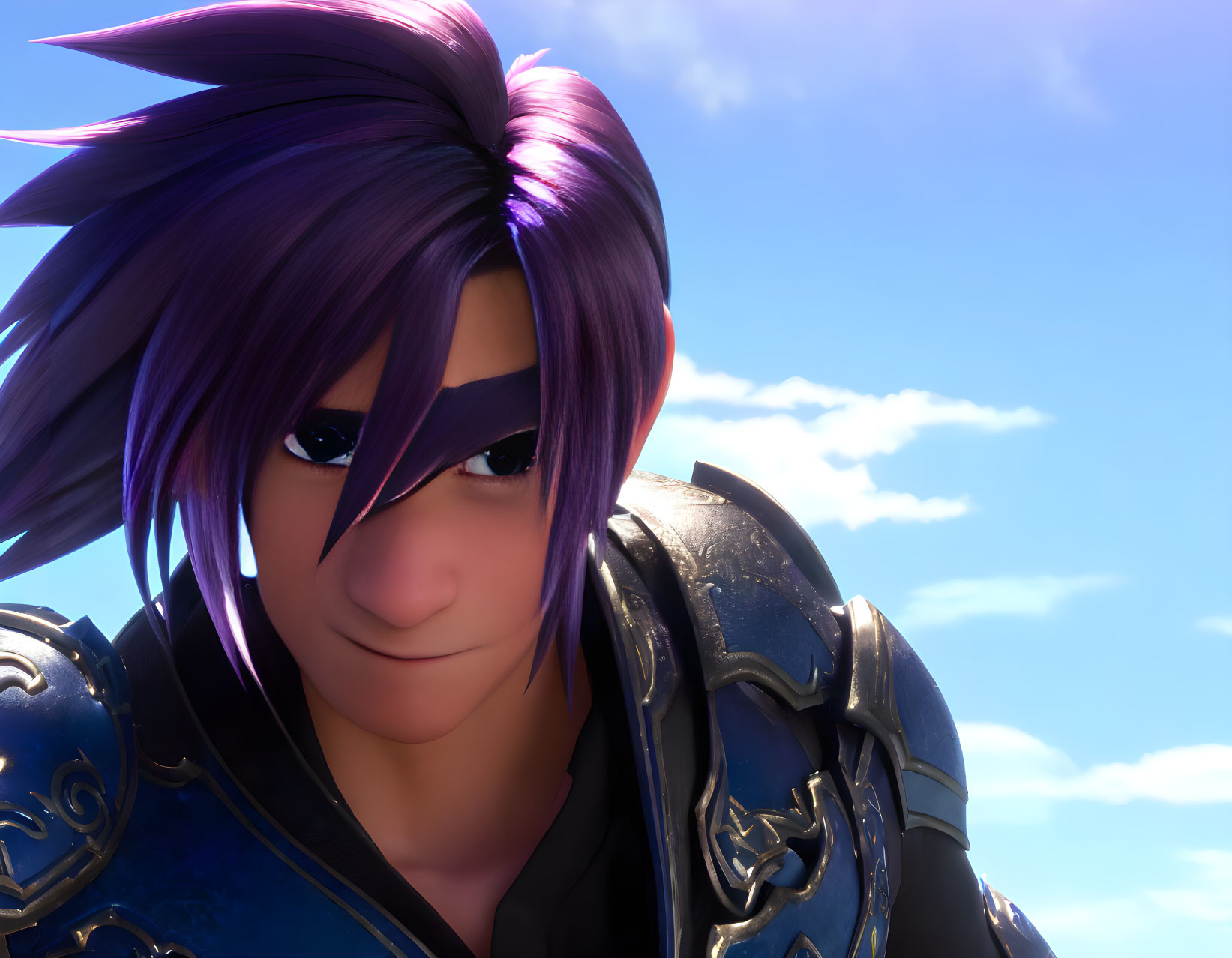 Smiling animated character with purple hair and blue armor under clear sky