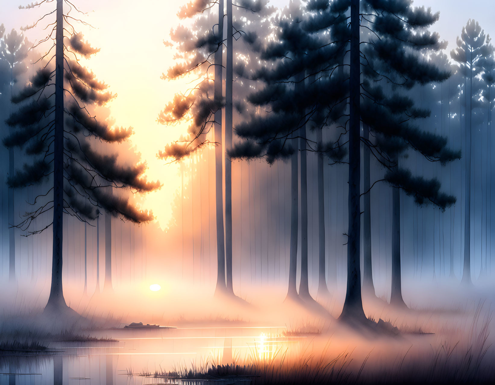 Sunrise forest scene with mist, tall trees, and gentle water.