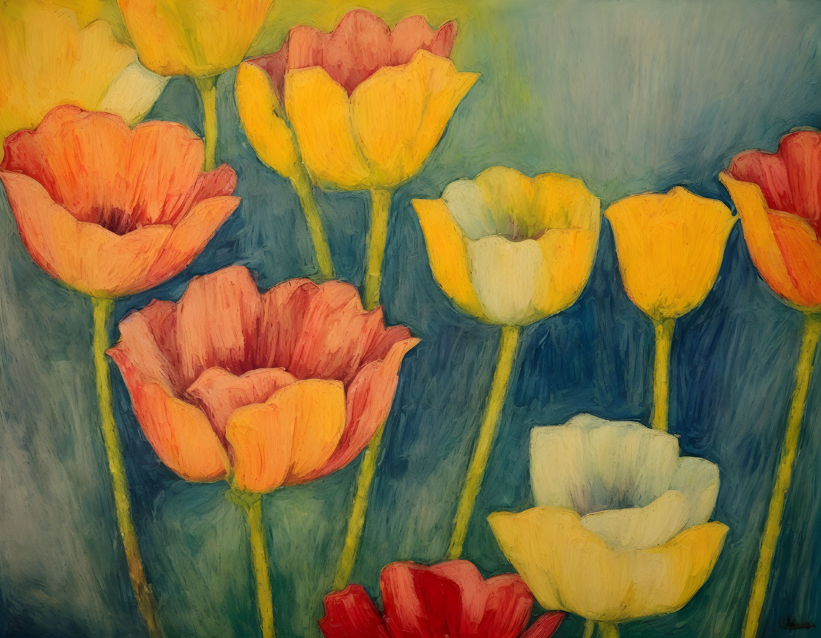 Vibrant Tulip Painting with Impressionist Background