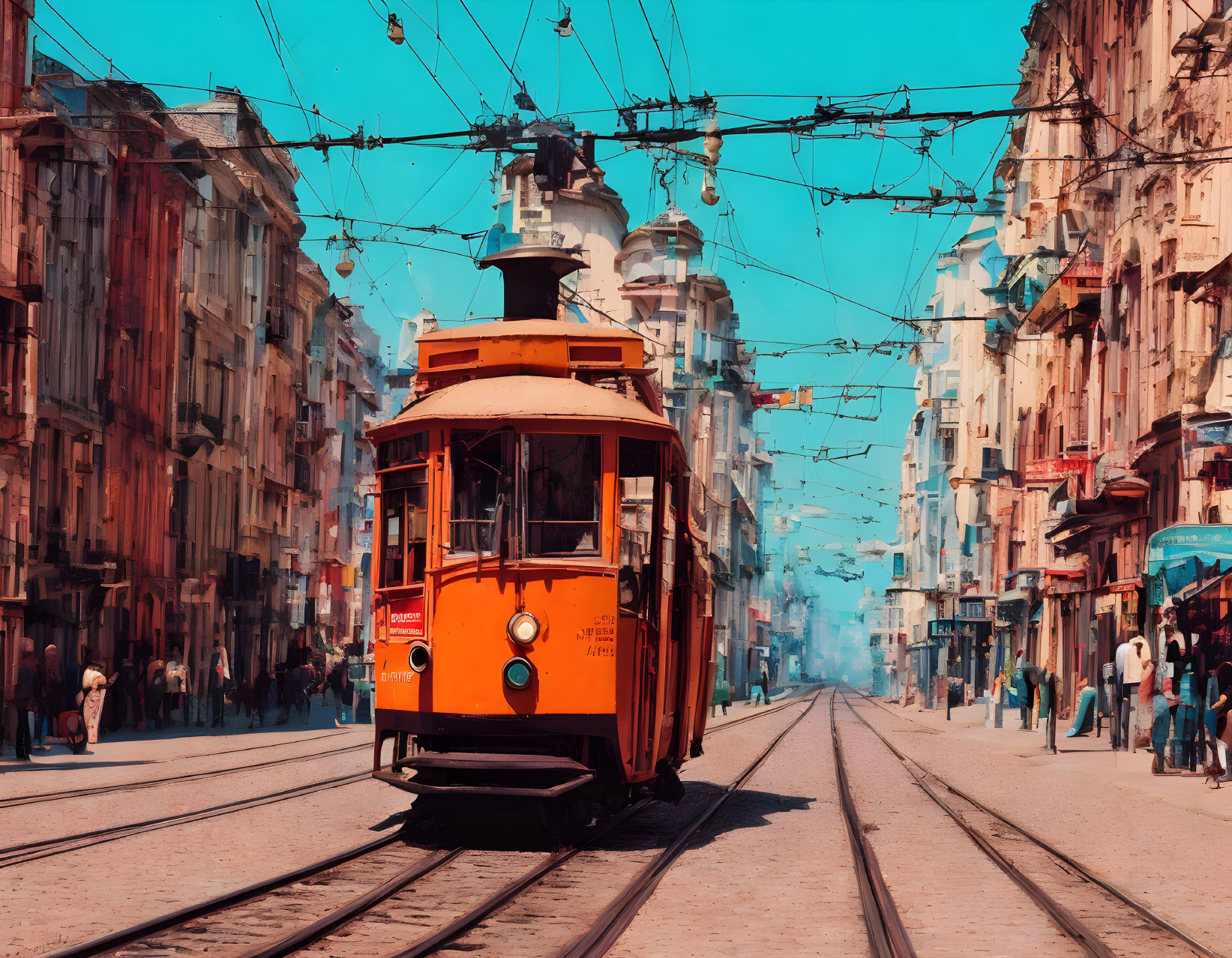 Vintage Orange Tram in European City Street with Cobblestone Roads