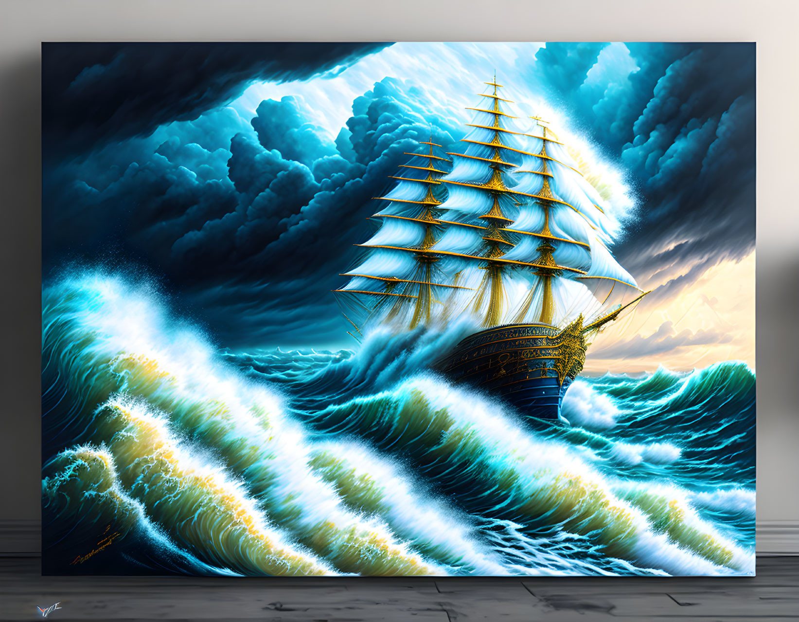 Dramatic painting of a grand sailing ship in turbulent waves