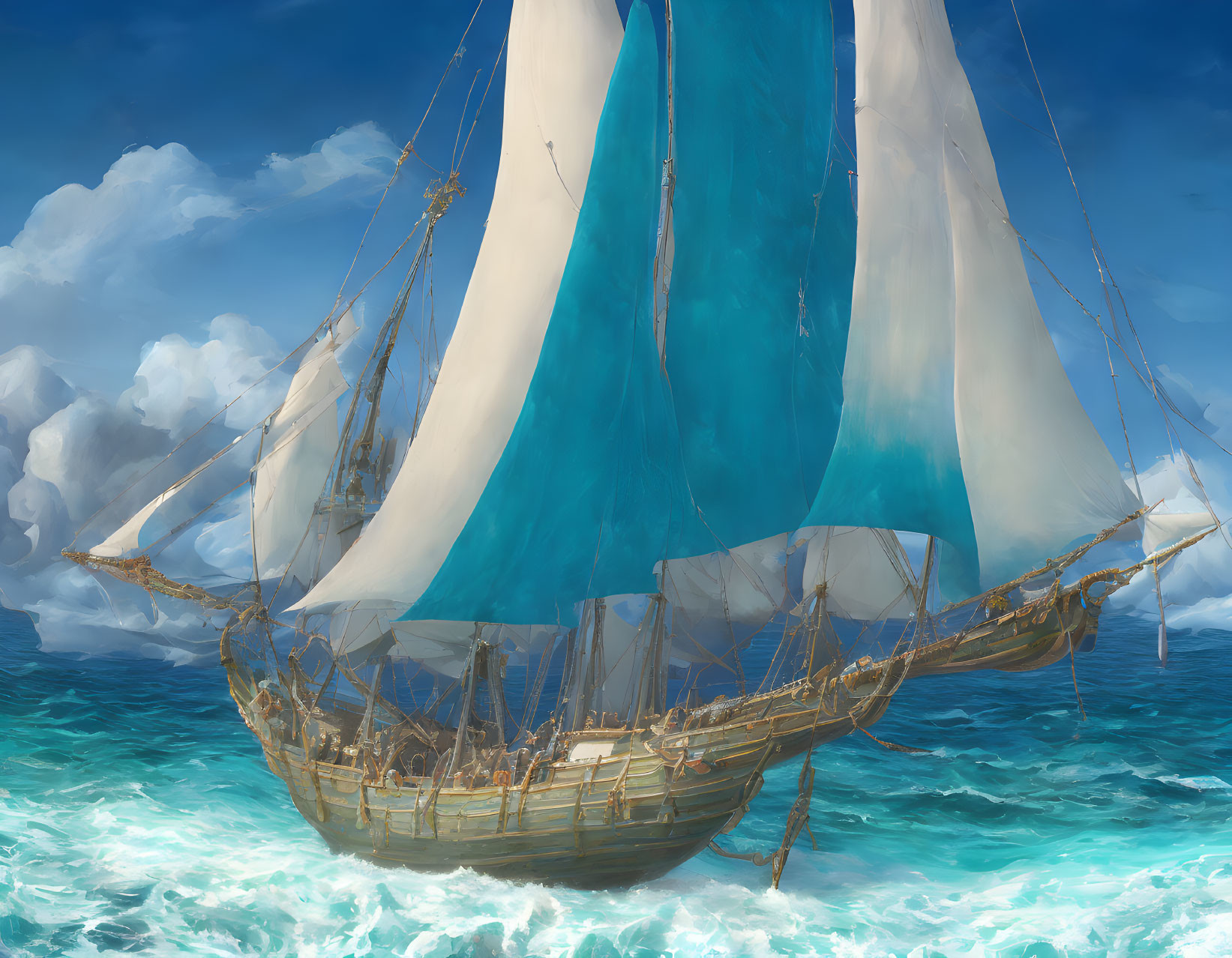 Majestic sailing ship with turquoise sails in vibrant ocean scene