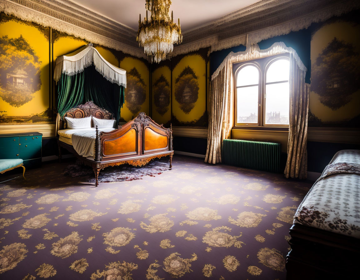 Luxurious Vintage Bedroom with Canopy Bed, Yellow Walls, Chandelier & Carpet