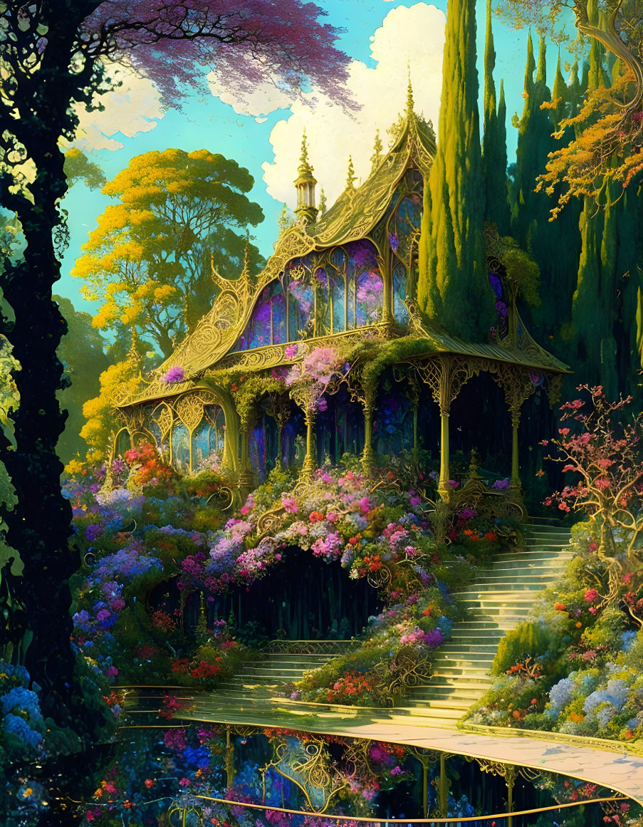 Fantasy cottage with lush gardens, intricate stairway, and stained glass windows