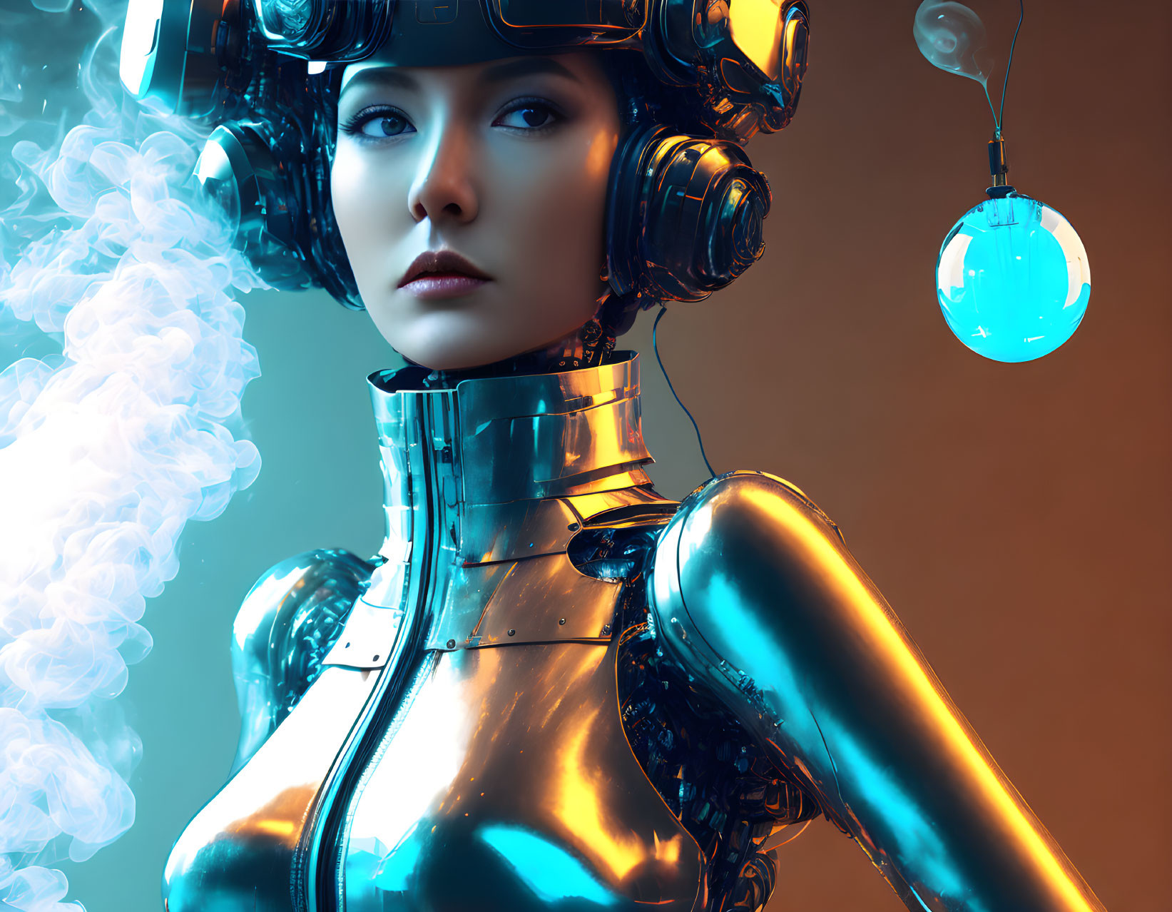 Futuristic female robot with metal body and blue orb emitting smoke