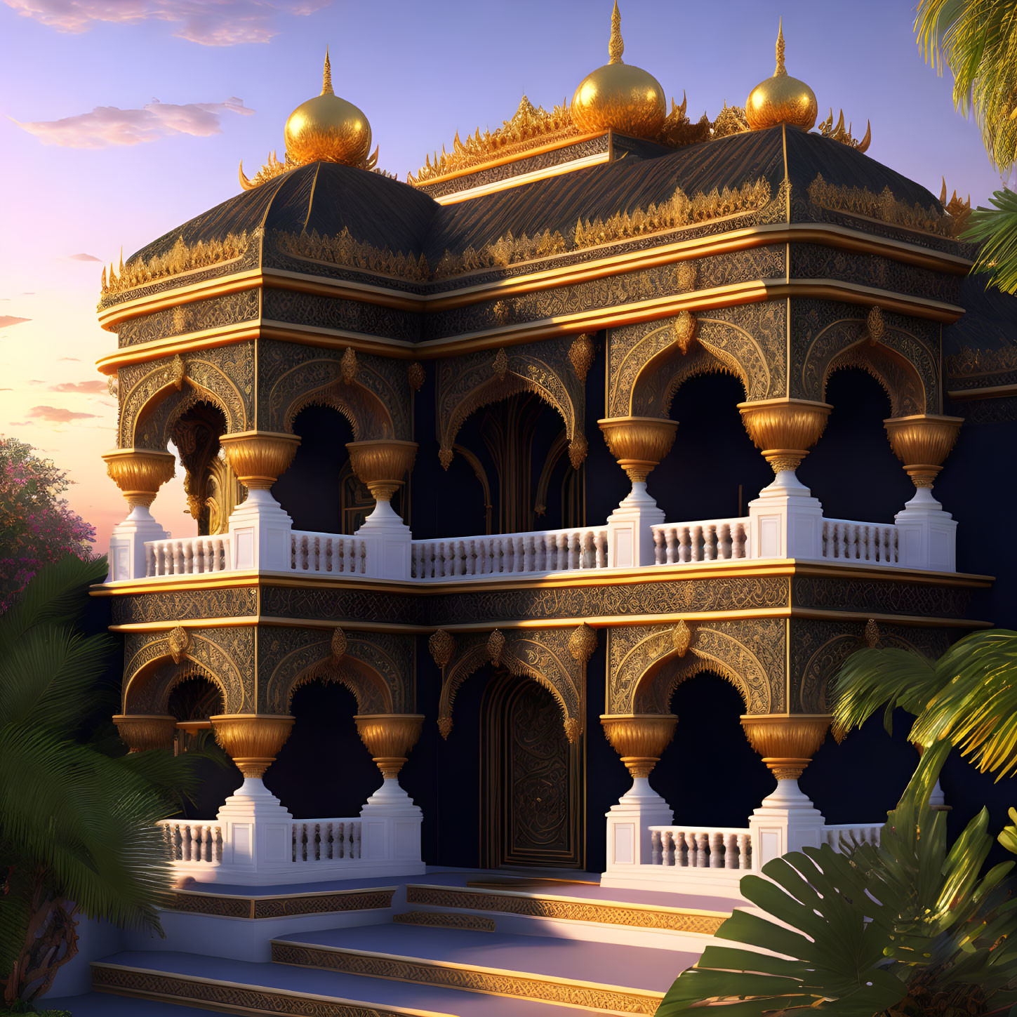 Majestic palace with golden domes at sunset amidst lush greenery