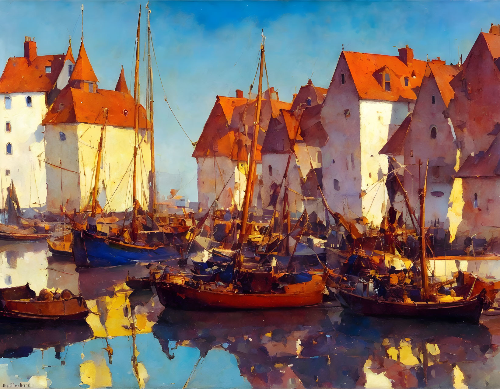 Historical harbor painting: moored boats, tall buildings, clear blue sky