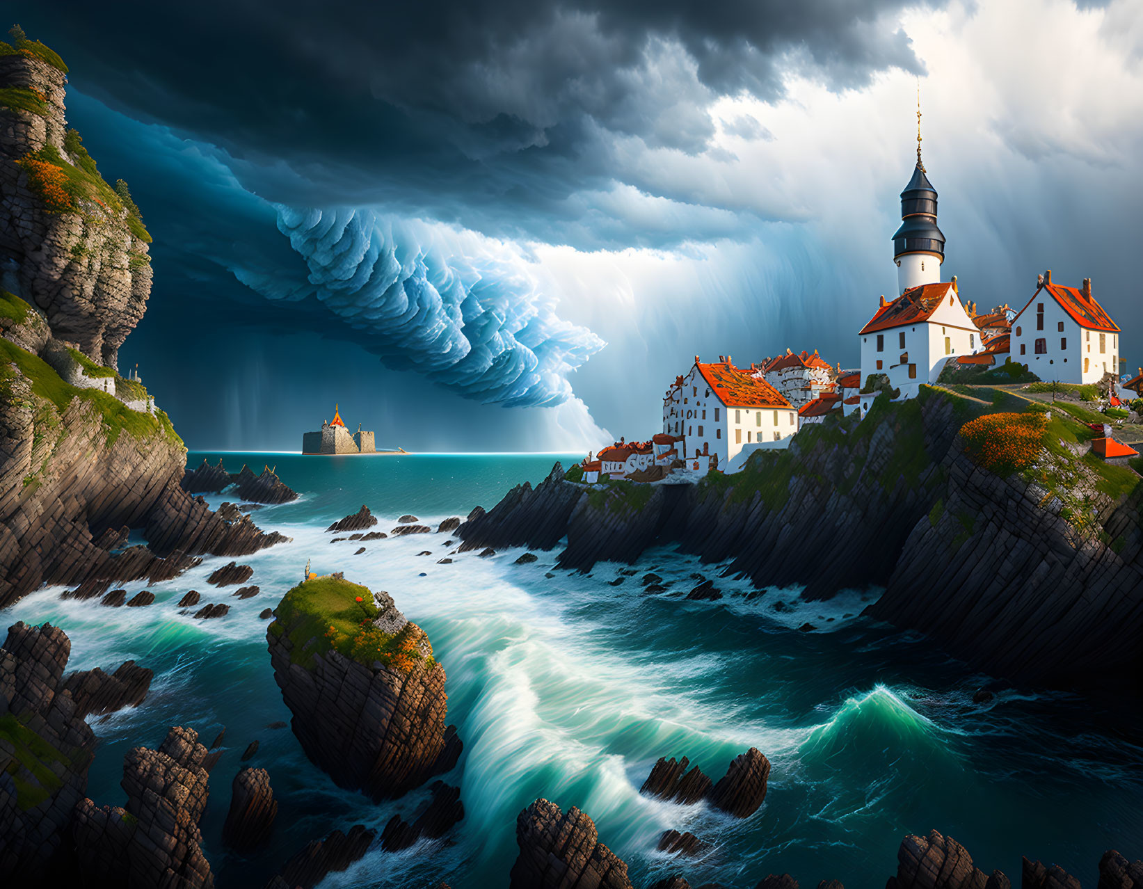 Dramatic coastal scene with lighthouse, storm, and turbulent sea