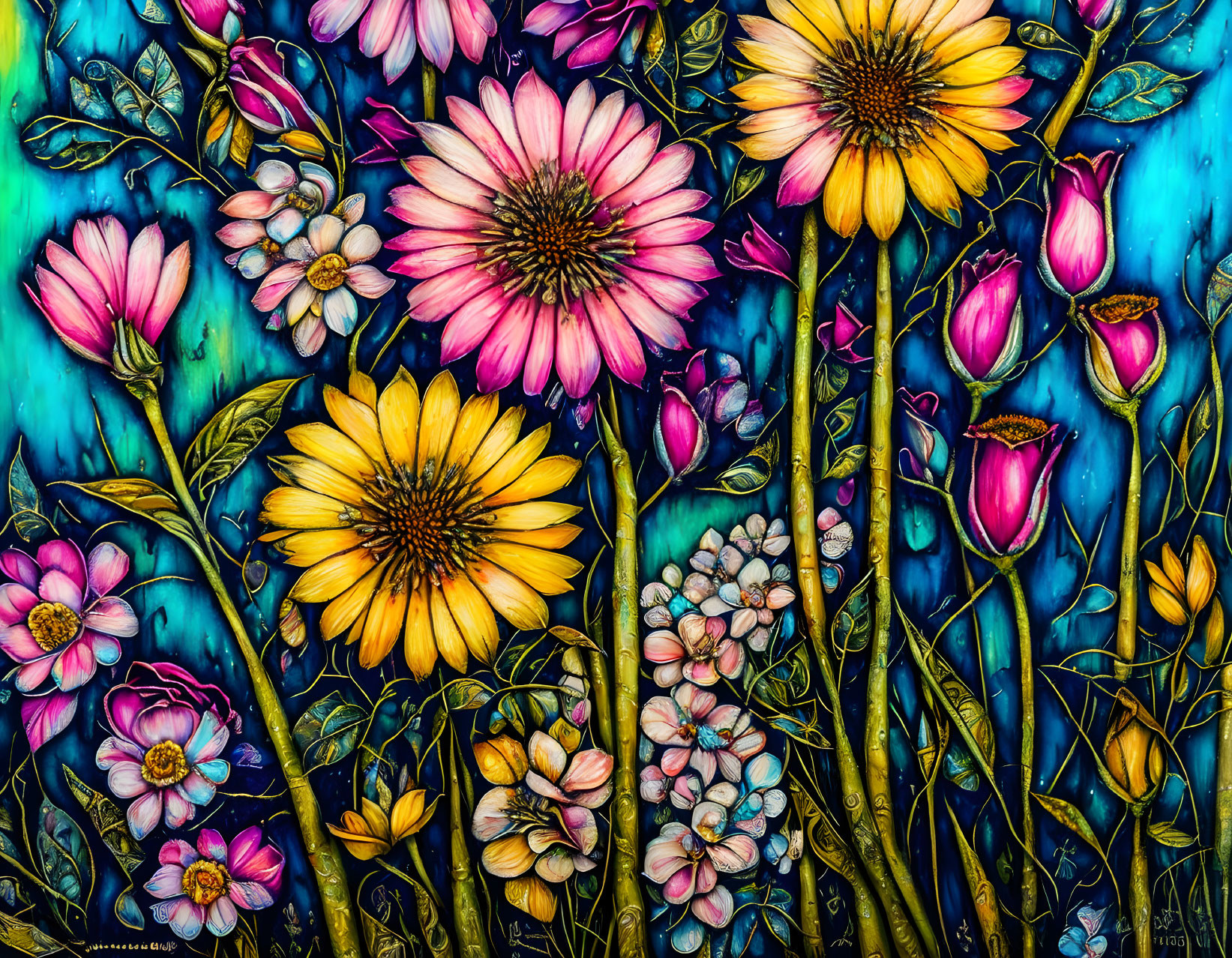 Colorful Flowers and Leaves in Stained-Glass Style Illustration