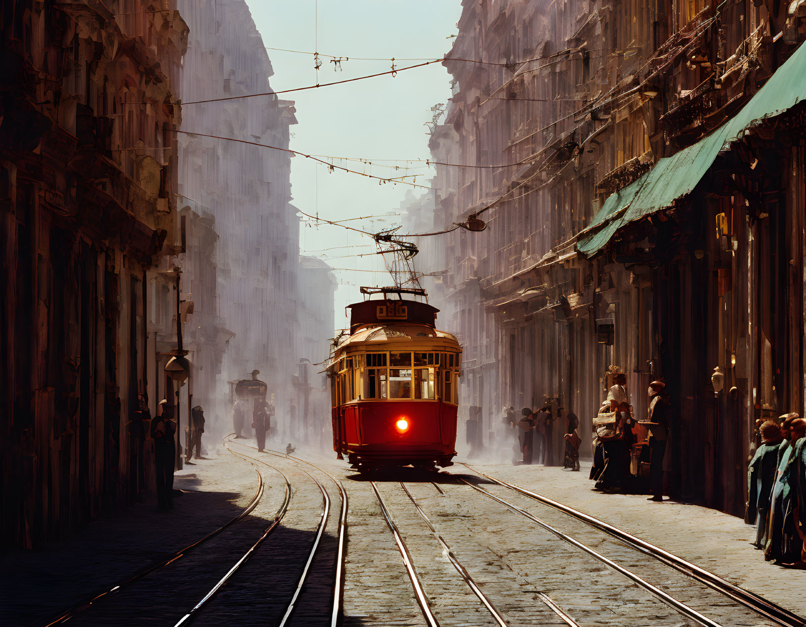 Vintage Red Tram on Cobbled Street with Classical Buildings