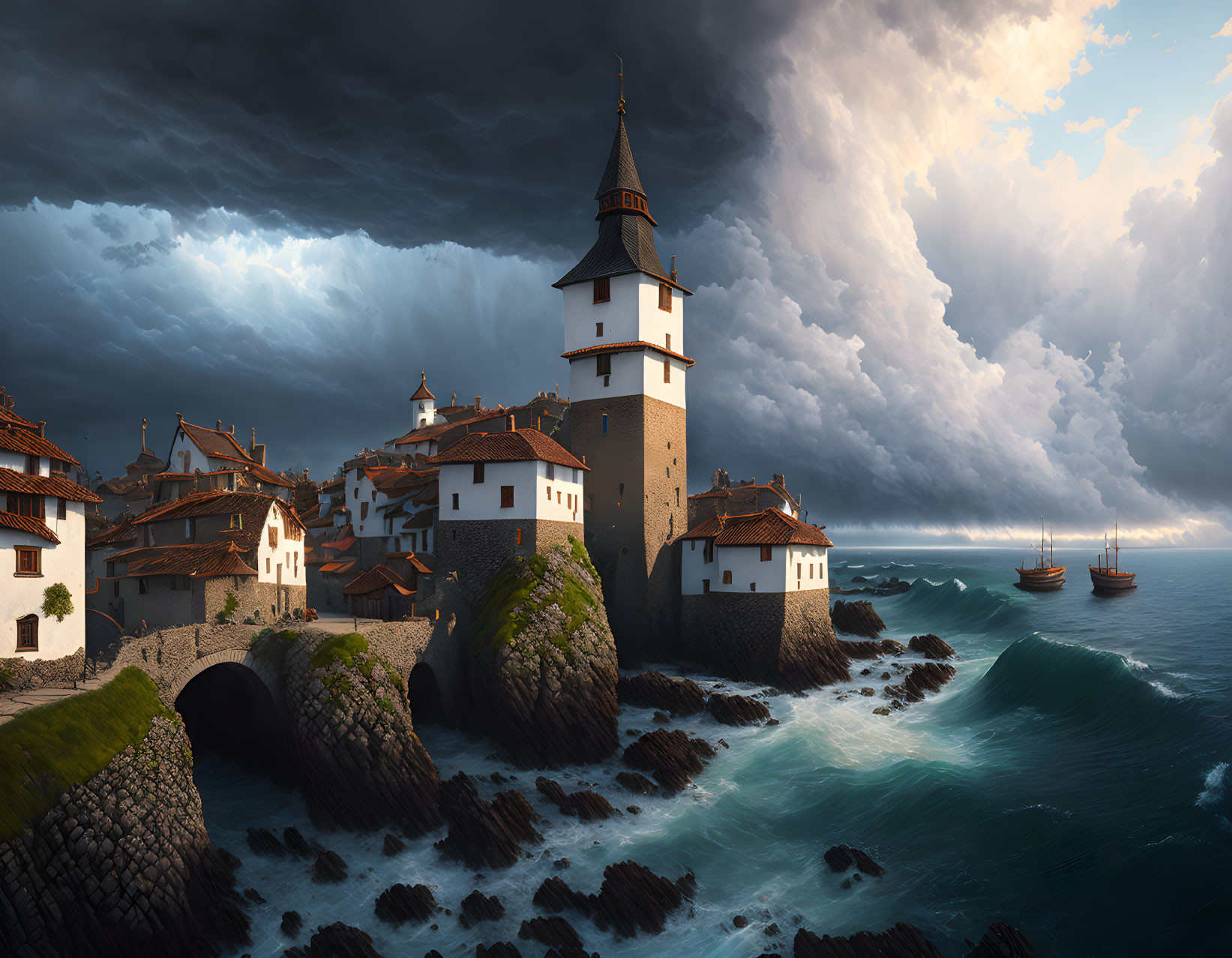 Medieval tower and buildings on cliff with stormy sea and skies