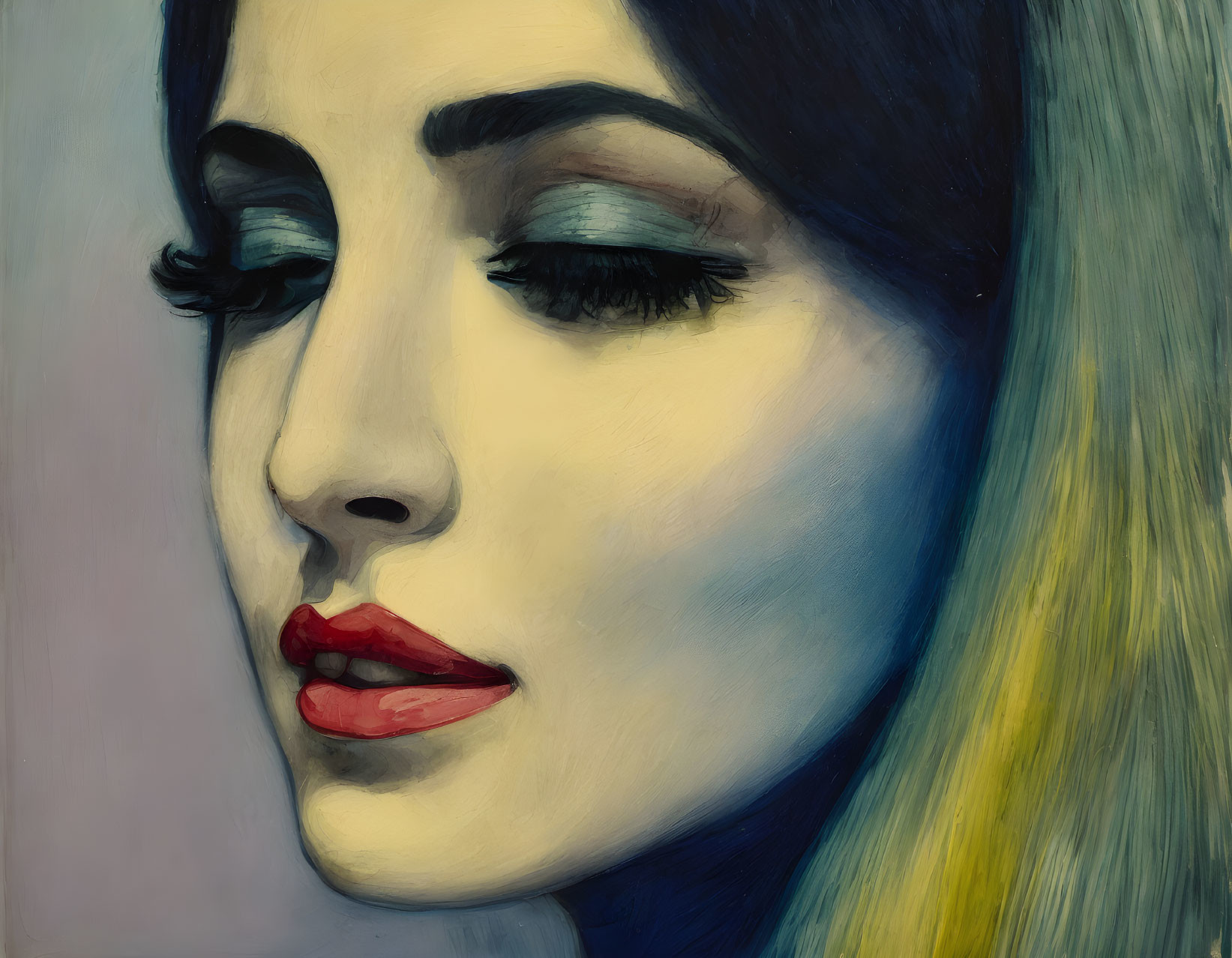 Portrait of a woman with red lips, sharp nose, blue eyeshadow, and colorful hair profile