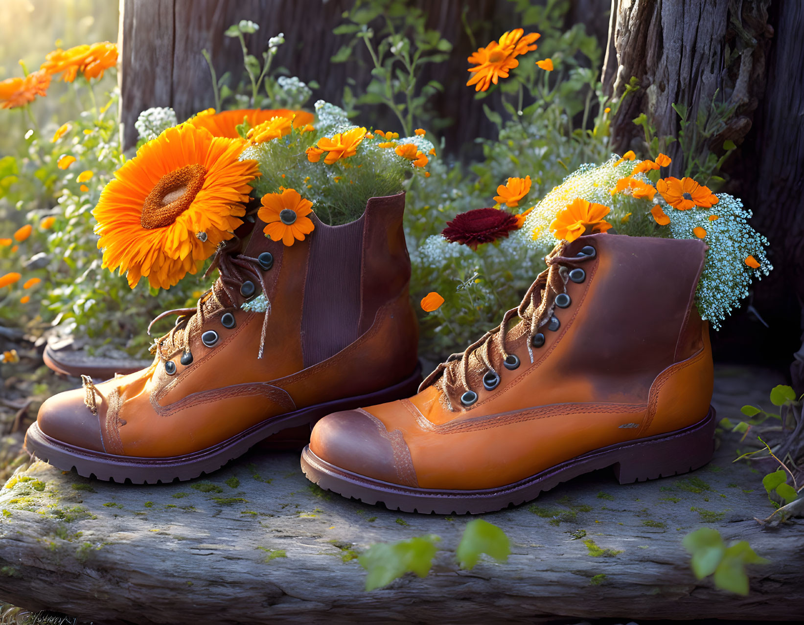 Brown Leather Boots Filled with Colorful Flowers on Wooden Platform