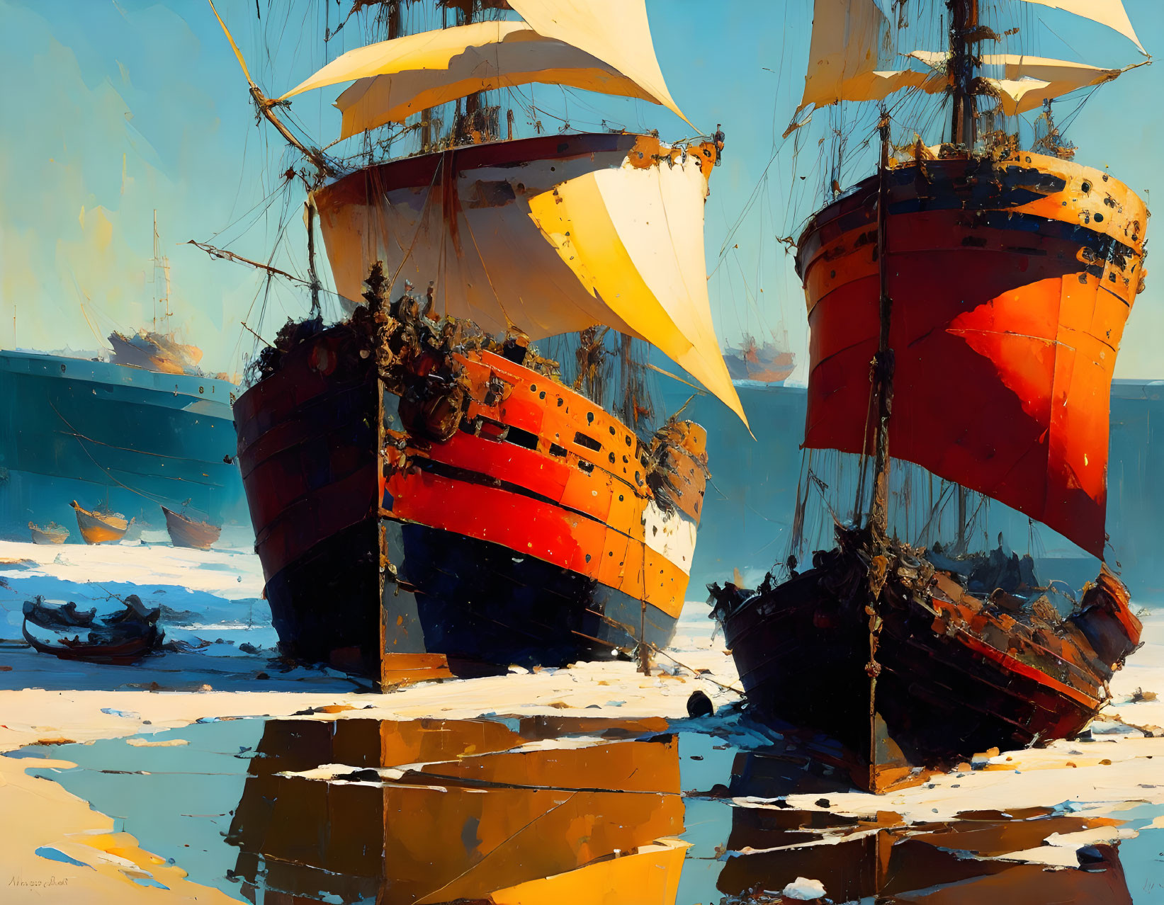 Two vibrant red and black ships beached on sand with unfurled sails