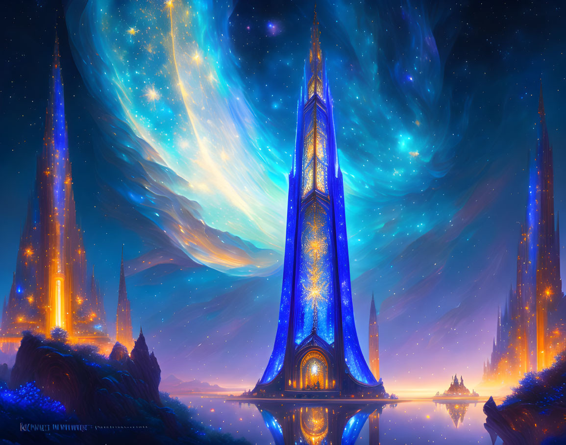 Fantastical city with glowing towers under cosmic sky and tranquil water