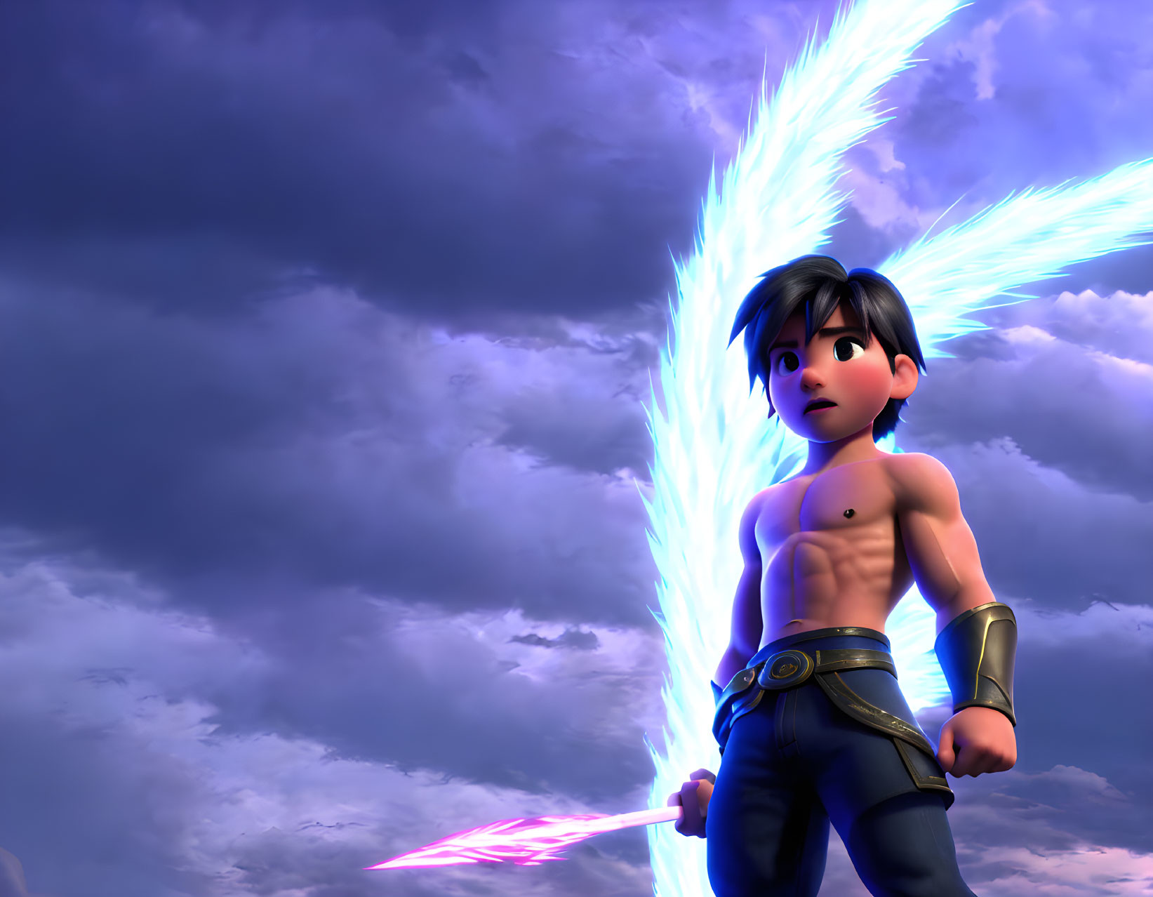 Dark-haired boy with magical powers wields pink light sword with blue energy wings in stormy sky