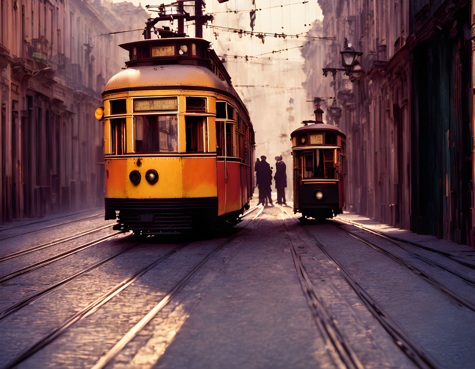 Vintage trams on cobblestone street with silhouettes and hanging lights