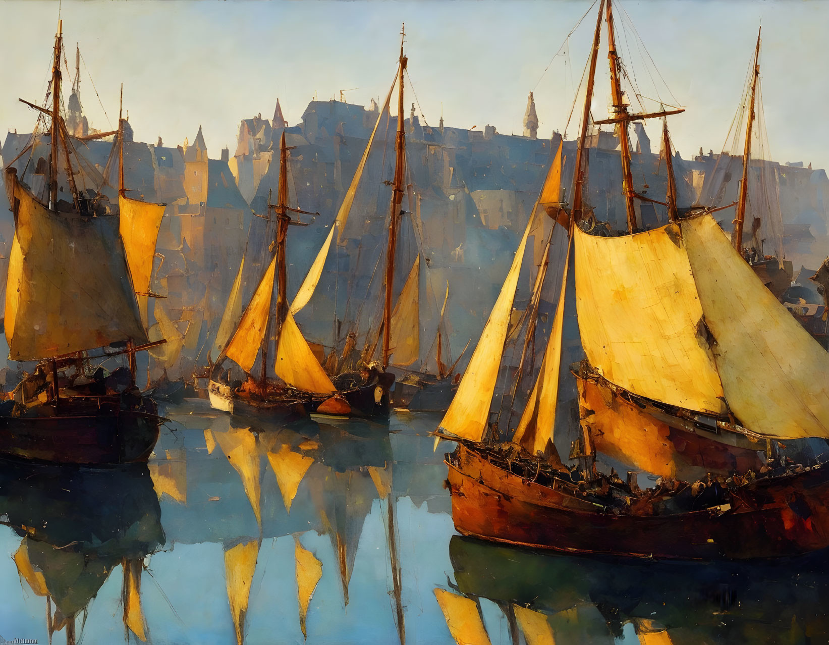 Maritime painting: Sailboats in serene harbor with glowing sails