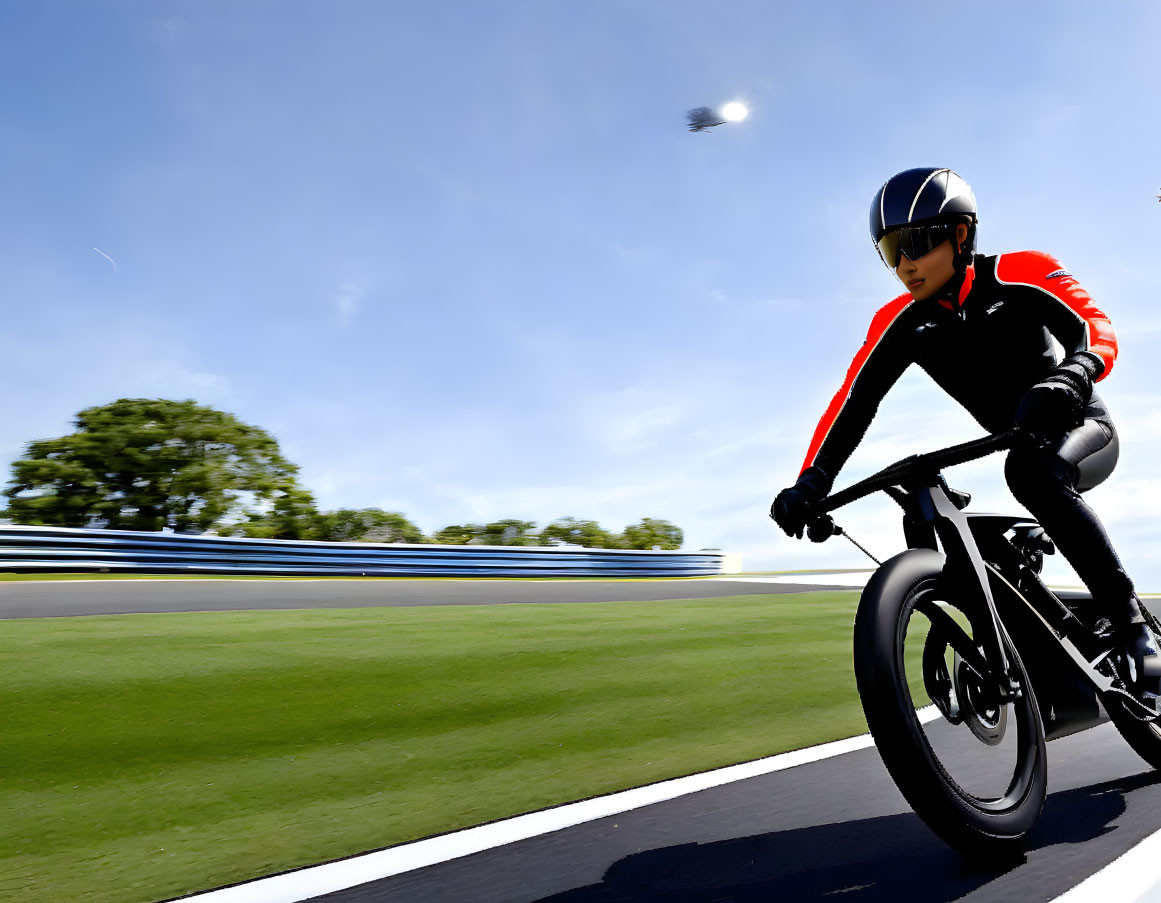 Cyclist in black and red suit races on track under clear blue sky