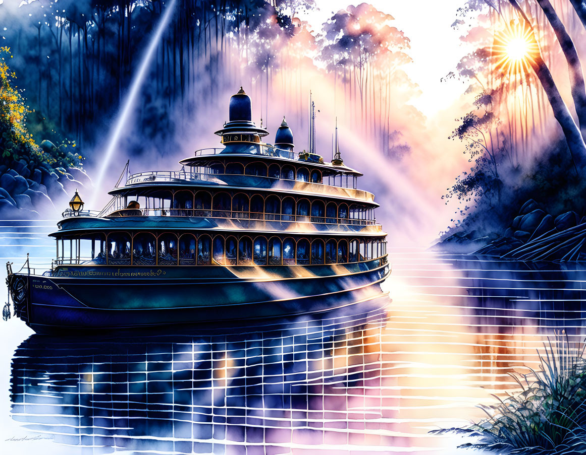 Illustration: Old-fashioned riverboat at sunrise on calm waters