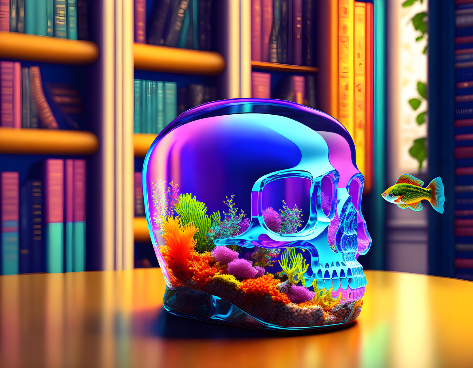 Colorful Fishbowl with Skull Shape, Coral, and Fish on Bookshelf Backdrop