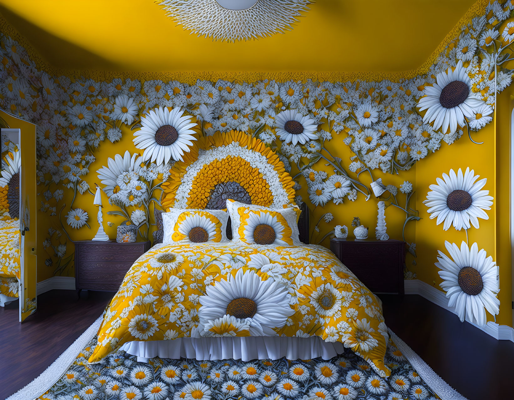 Yellow Daisy Print Bedroom with Sunflower Headboard & Striking Ceiling Light