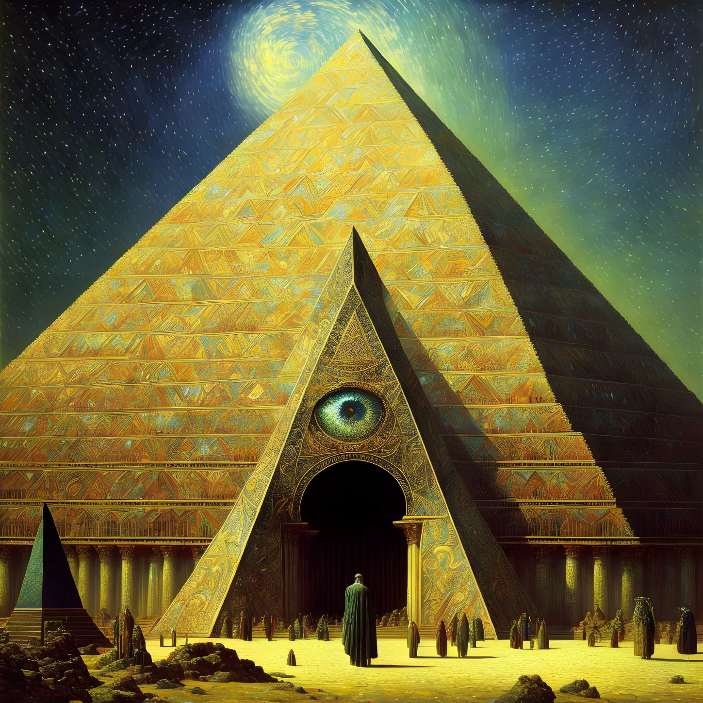 Golden pyramid with central eye and robed figures under swirling galaxy sky