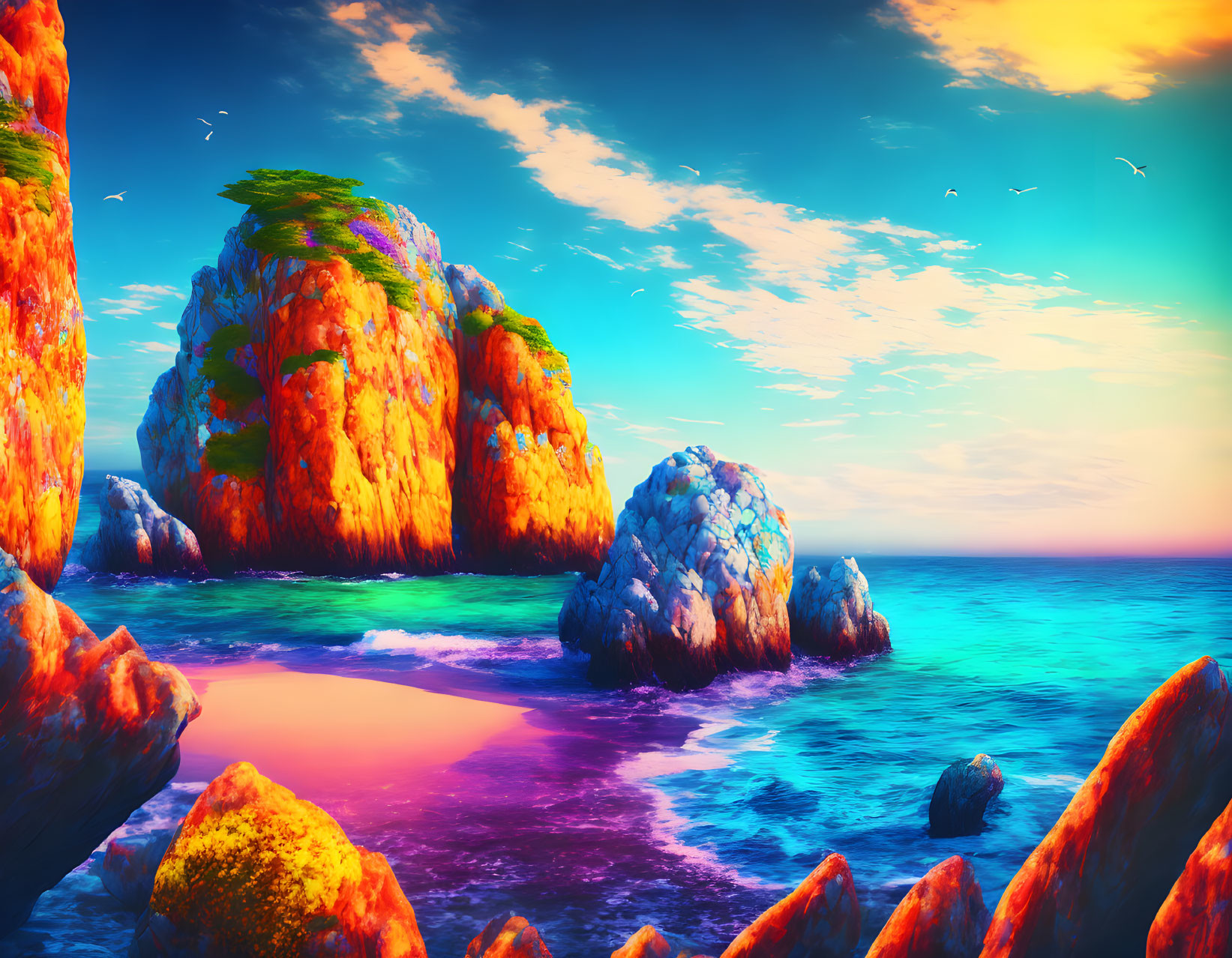 Colorful digital artwork: Surreal coastal scene with cliffs, greenery, ocean, sunset