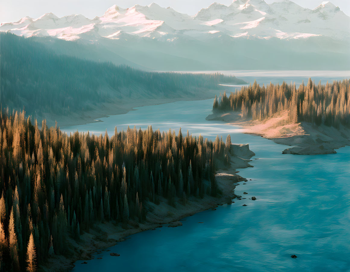 Scenic river in pine valley with snow-capped mountains at dawn or dusk