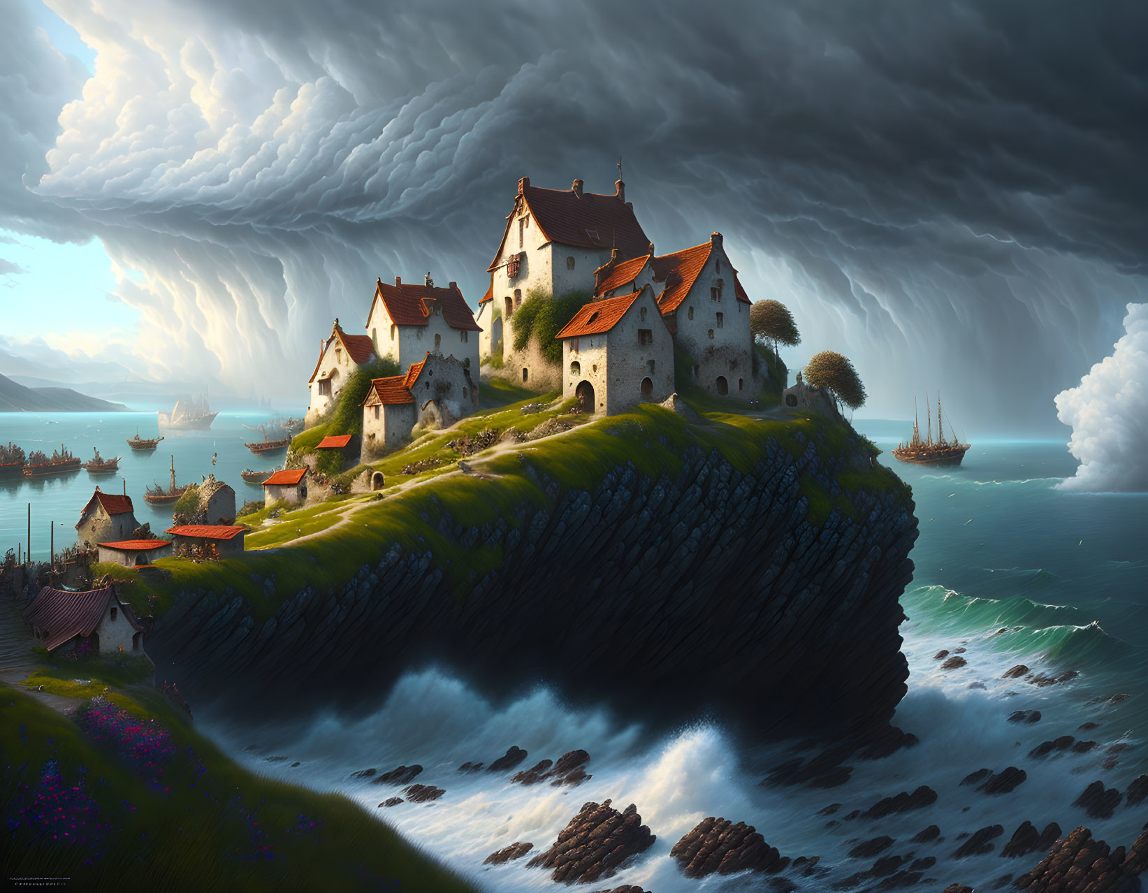 Medieval houses on cliff overlooking serene sea with sailing ships