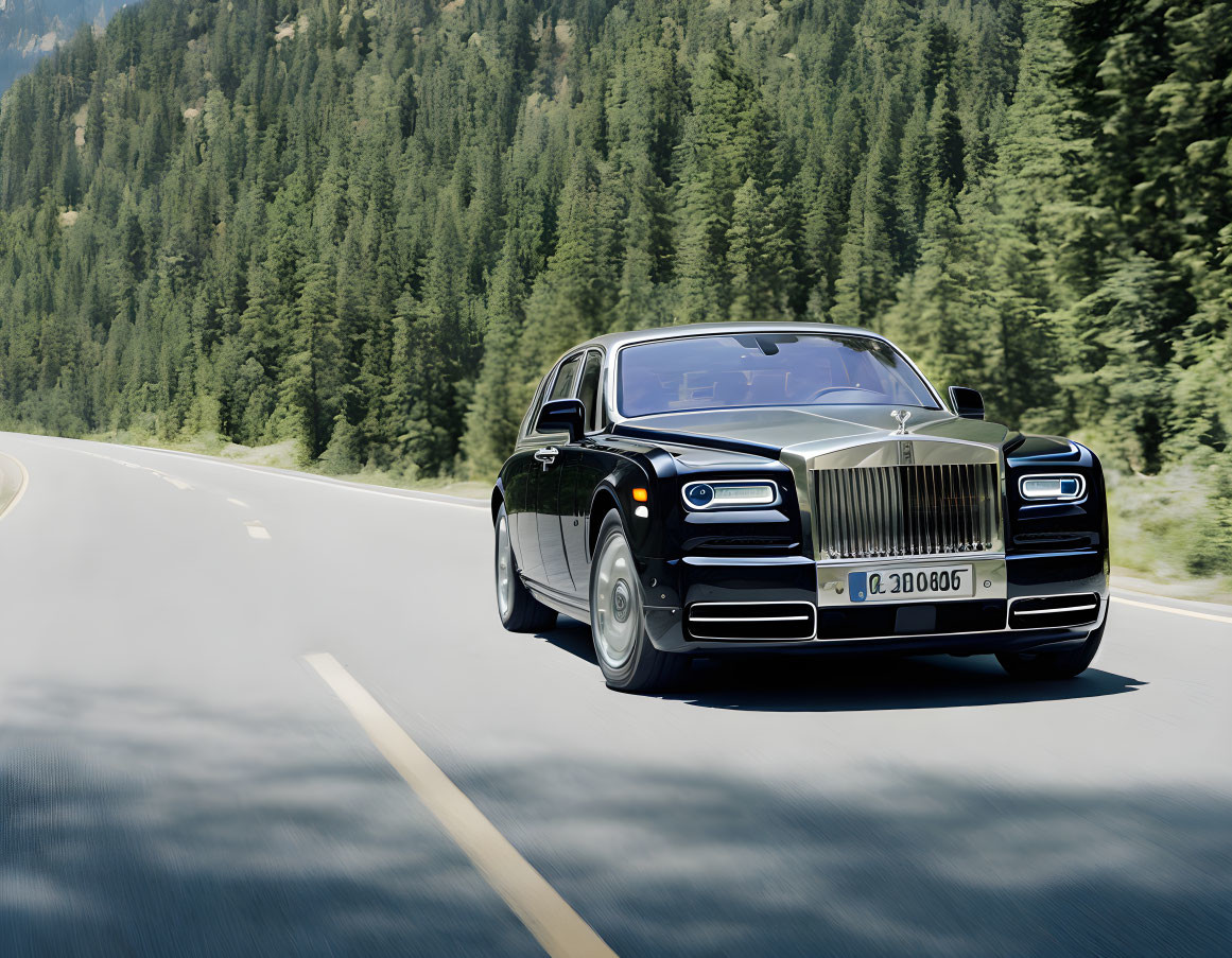 Luxurious Black Rolls-Royce Driving on Highway Amid Green Trees