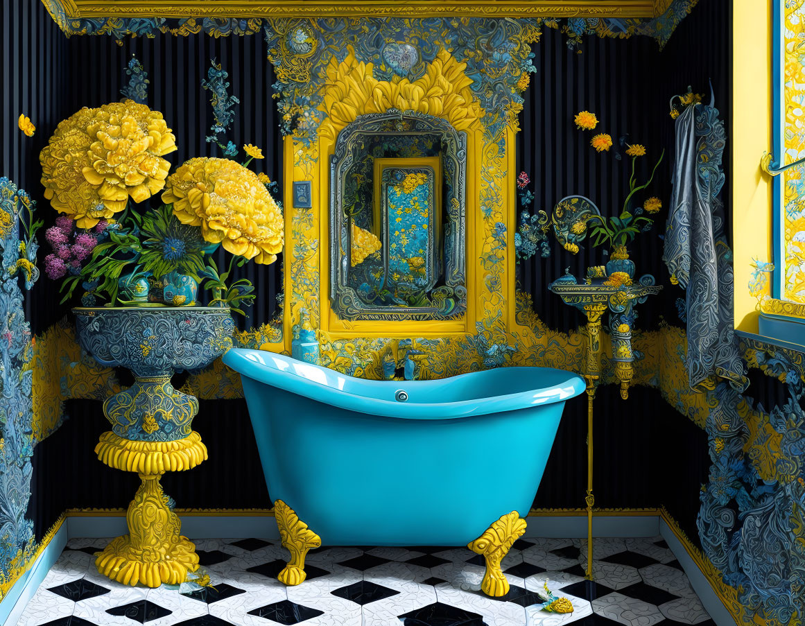 Luxurious Bathroom with Blue and Yellow Baroque Patterns