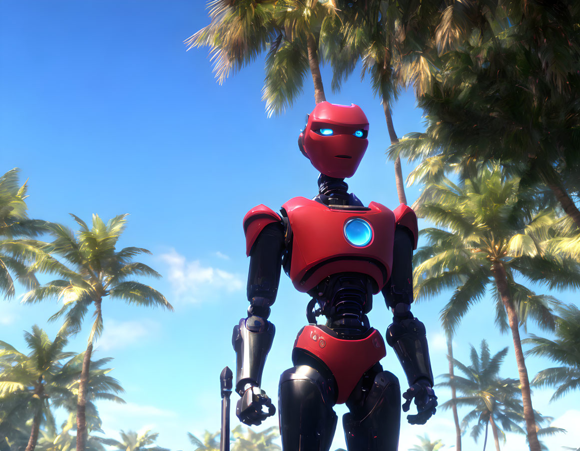 Red humanoid robot with blue glowing circle on chest at sunny beach