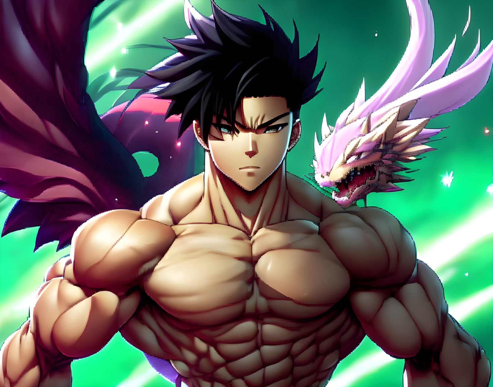 Muscular anime character with black spiky hair and dragon companion in green energy setting