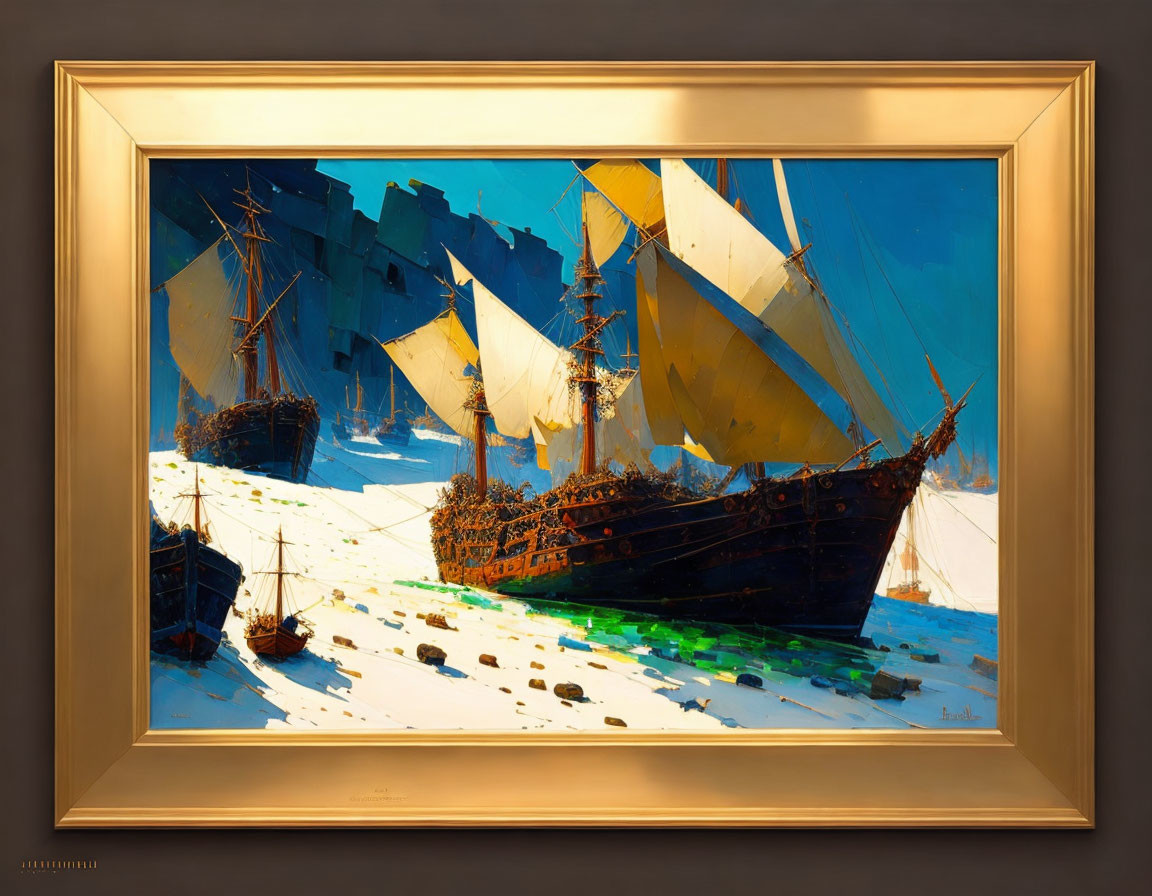 Framed painting: Tall ships on vibrant blue sea