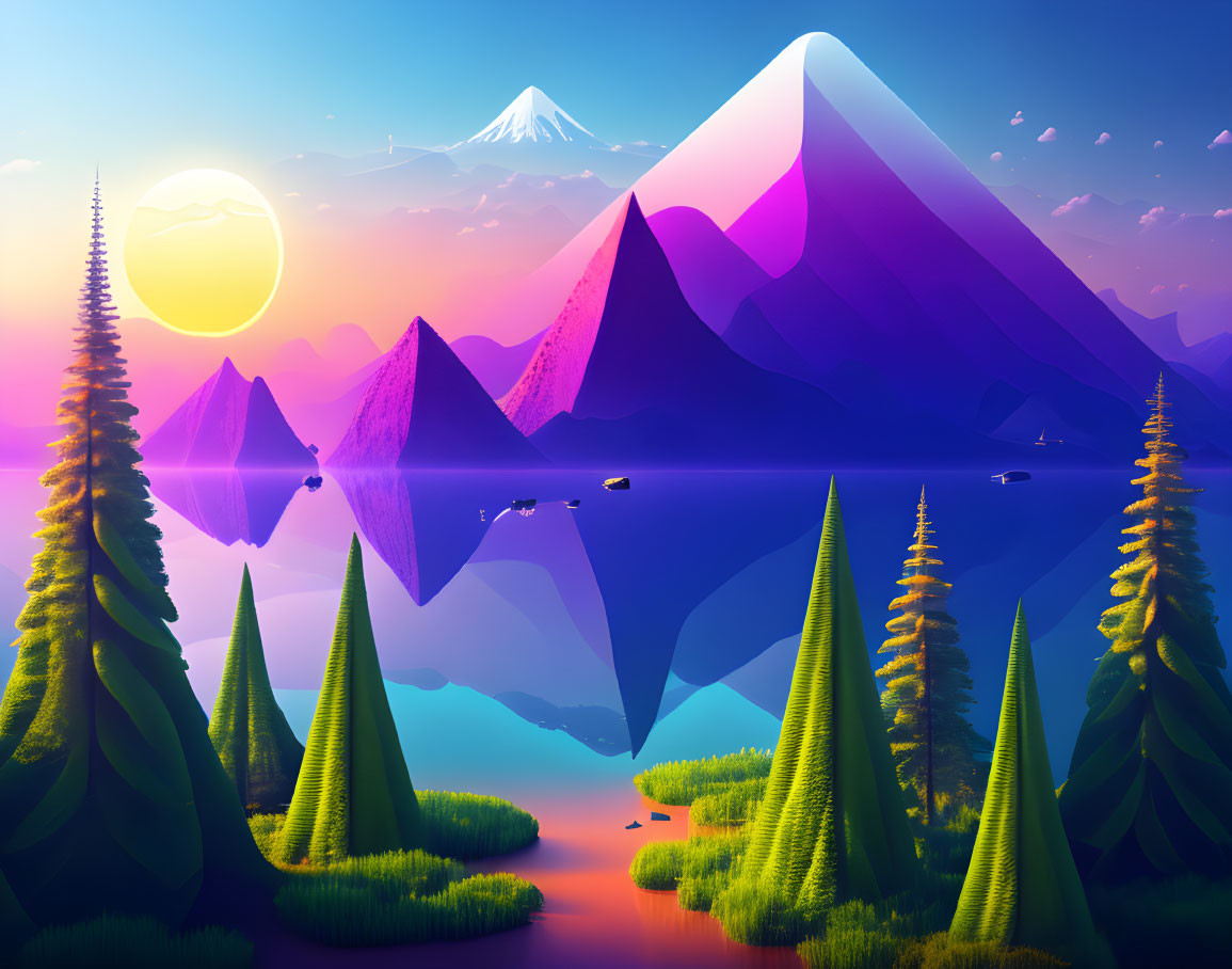 Stylized landscape with purple mountains, serene lake, boats, setting sun, and birds.