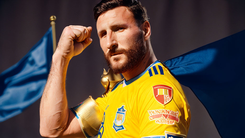 Soccer player in yellow and blue uniform with trophy and flags