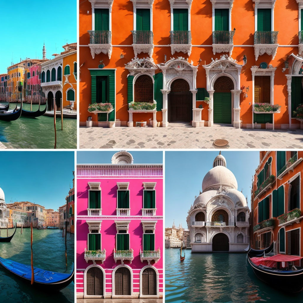 Four colorful Venetian buildings, gondolas, and iconic dome in a collage