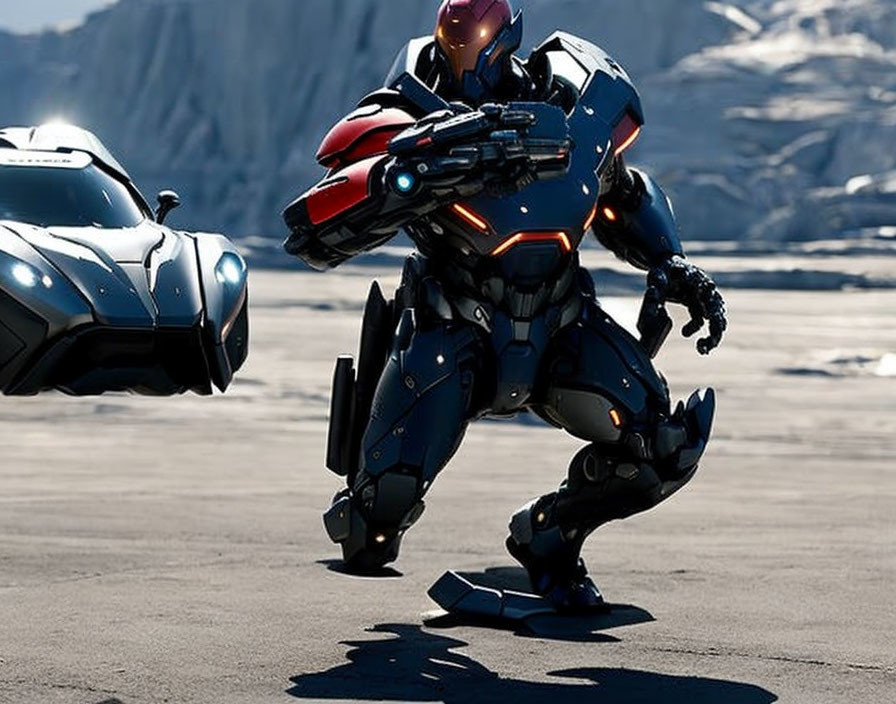 Futuristic armored suit and vehicle on tarmac with mountain backdrop