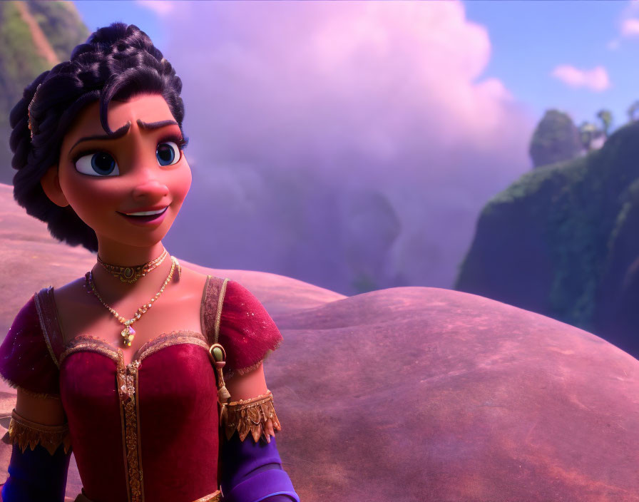 Brown-skinned animated character in purple dress against scenic backdrop