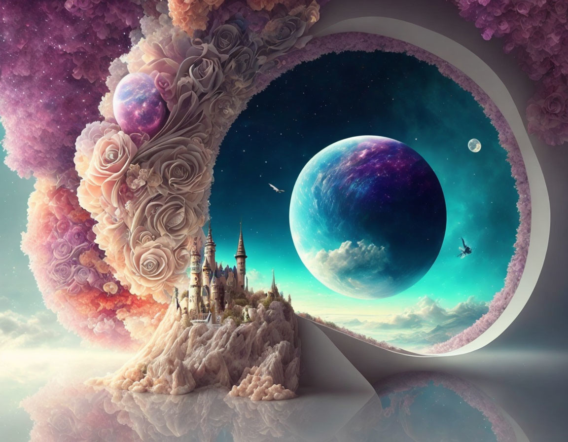 Surreal landscape featuring castle, loop pathway, cosmic sky