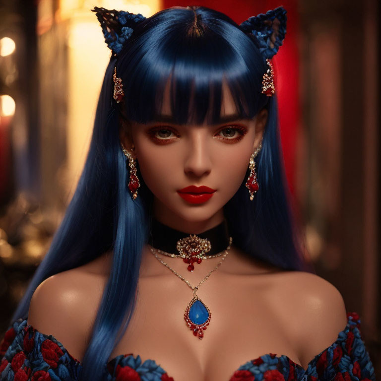 Blue-haired person with cat ears in red accessories against warm background