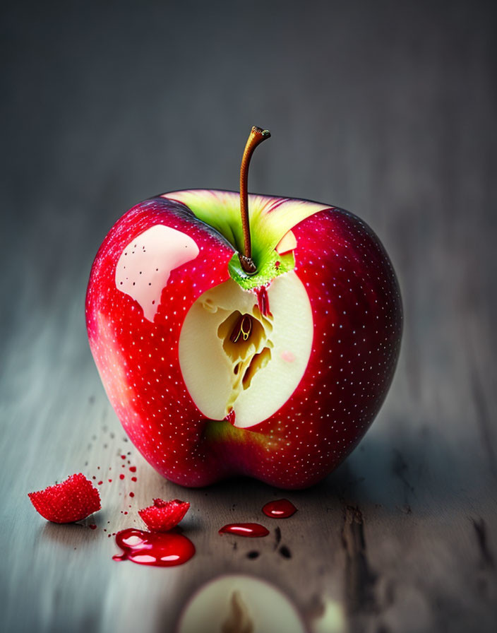 Red Apple with Hollow Core Filled with Dripping Juice on Wooden Surface